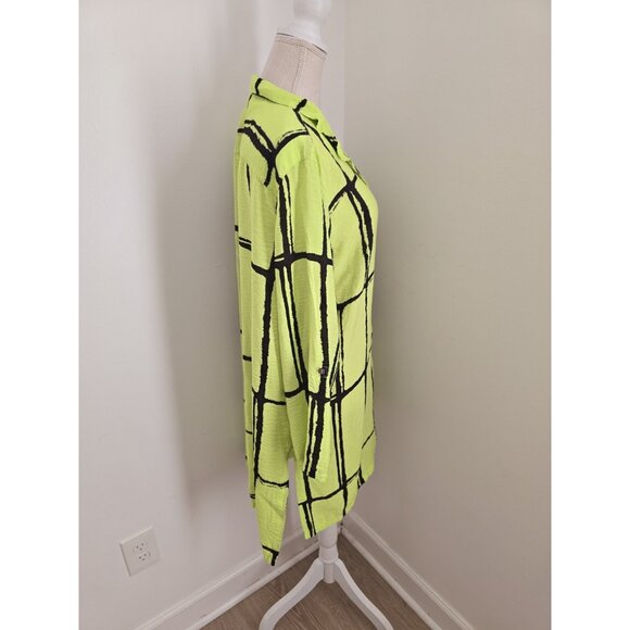John Mark Abstract Neon Green Black Collared Roll Tab Tunic Blouse Top Shirt XL - Picture 5 of 12
